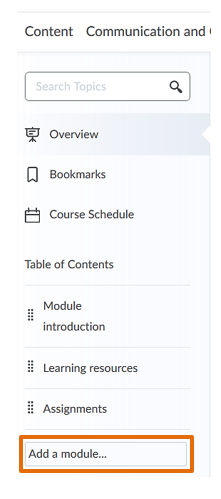 Table of contents with option to add folder (Brightspace language: module) at the bottom of the TOC